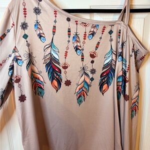 Beige Bohemian Feather Print Off-Shoulder Top 3/4 Sleeve NWOT